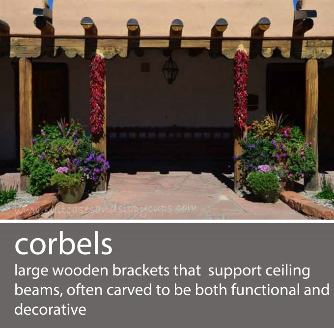 large wooden brackets that support ceiling beans, often carved to be both functional and decorative