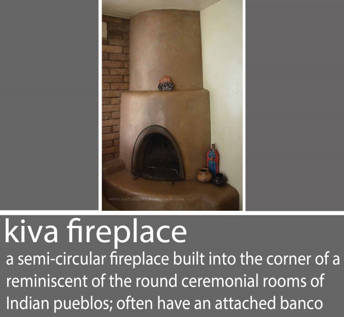 a circular fireplace built into the corner of a room, reminiscent of the round ceremonial rooms of pueblos, often have an attached banco