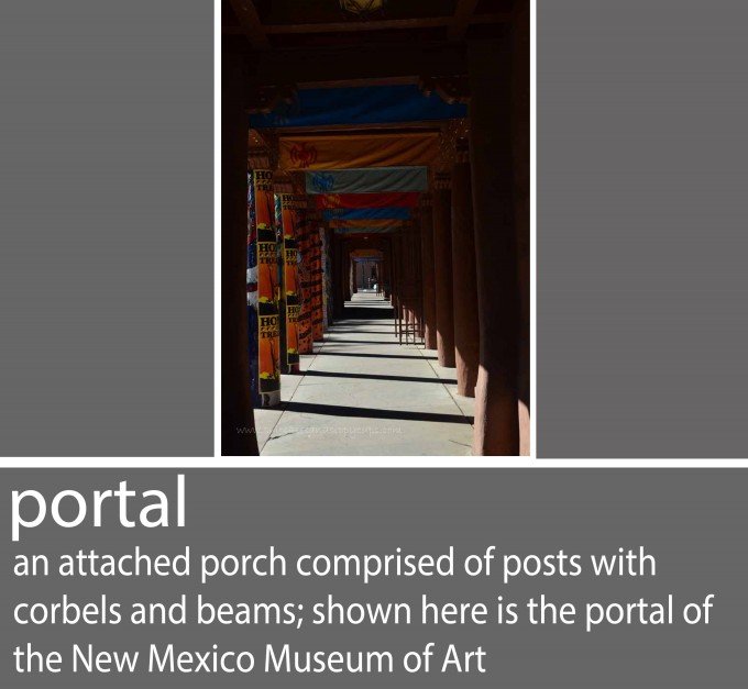 an attached porch comprised of posts with corbels and beams shown here is the portal of the New Mexico Museum of Art