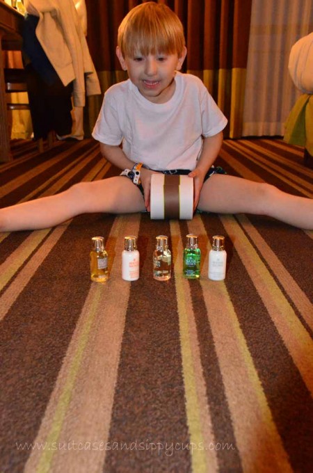 toiletry bowling in a hotel room
