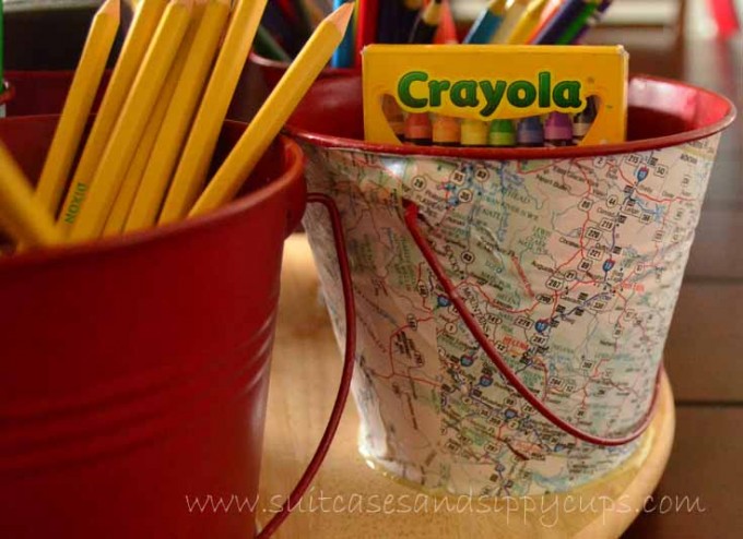 map on a galvanized bucket